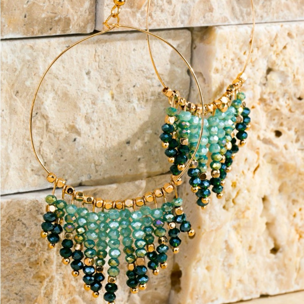 Shimmering glass beaded tassel chandelier with metal ring fish hook earrings